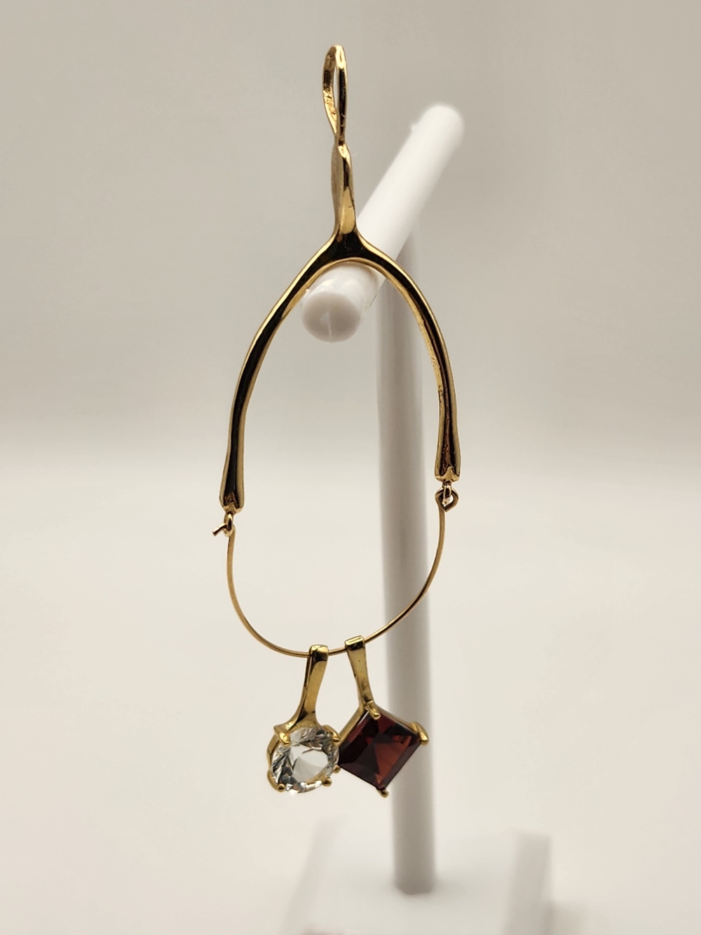 14K Yellow Gold Garnet & White Topaz Pendants w/ Wishbone Charm Holder Pendant